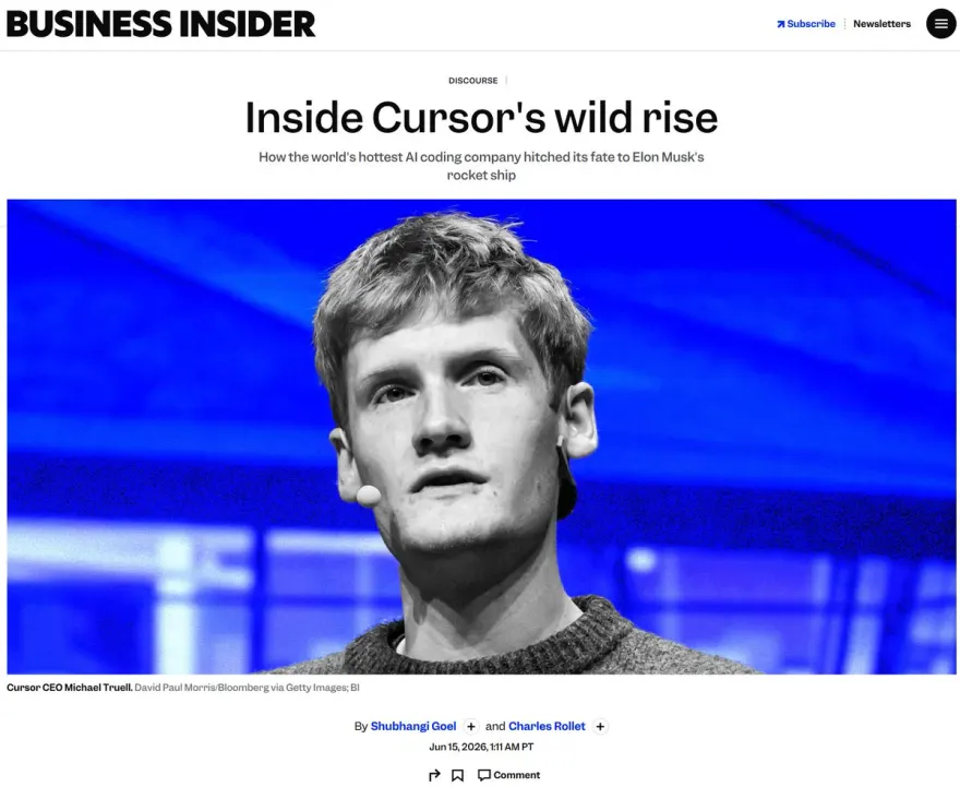 Manchete da Business Insider “Inside Cursor's wild rise” com foto do CEO Michael Truell.