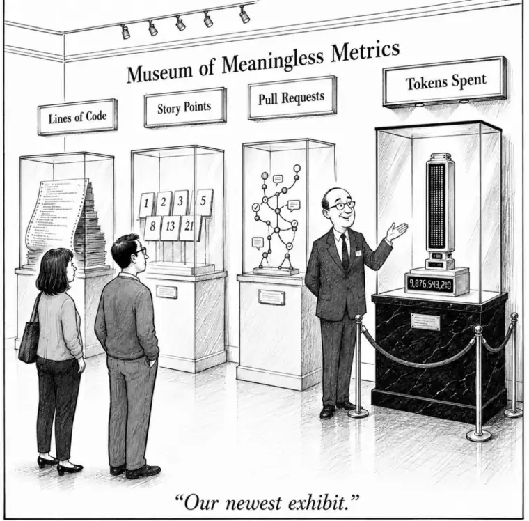 Cartoon “Museum of Meaningless Metrics” com vitrines para Lines of Code, Story Points, Pull Requests e Tokens Spent.