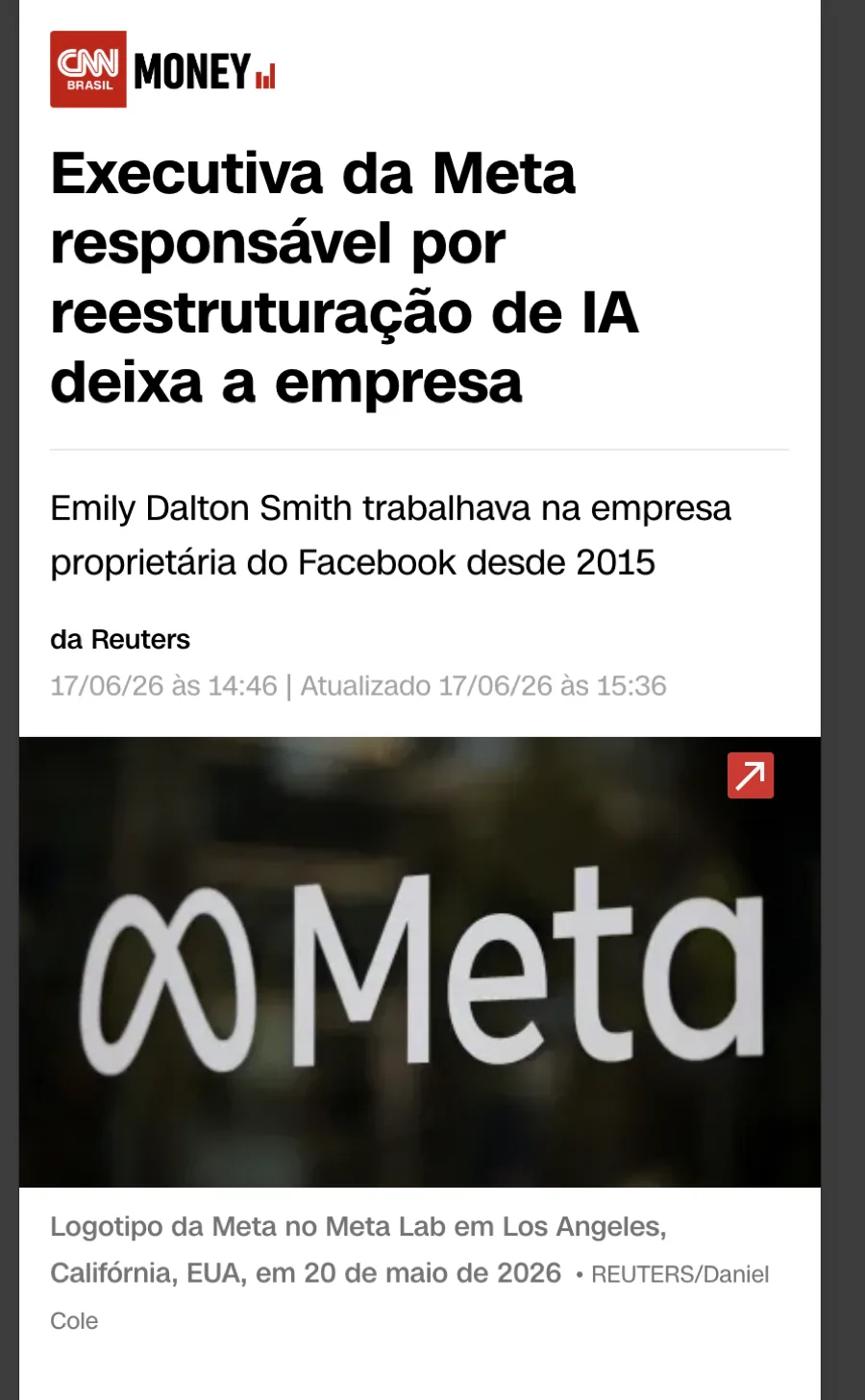 Manchete da CNN Brasil Money: “Executiva da Meta responsável por reestruturação de IA deixa a empresa”, com o logo da Meta.